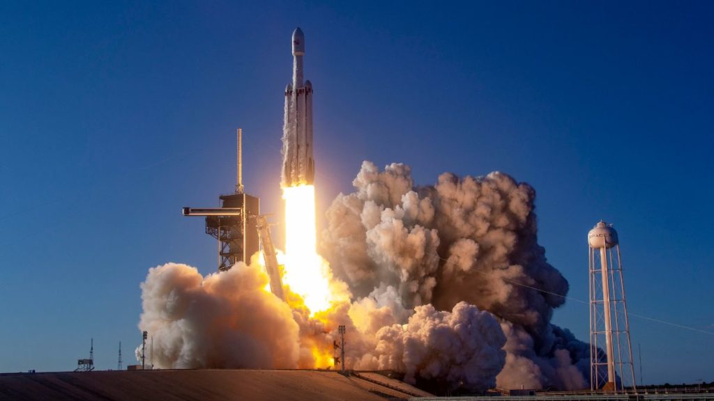 SpaceX's Falcon Heavy is shown here during the Arabsat-6A Mission. Photo courtesy of SpaceX.